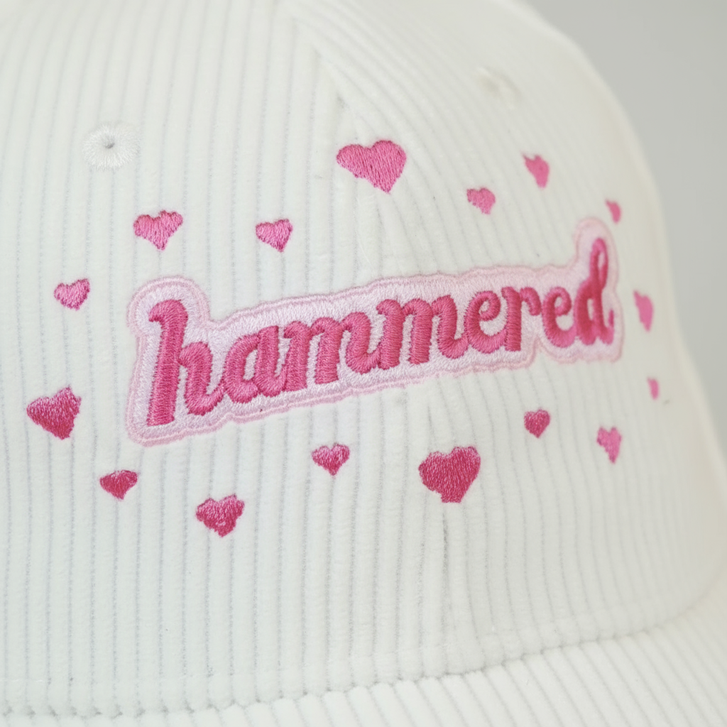 White Corduroy ‘Let’s Get Hammered’ Embroidered Baseball Cap