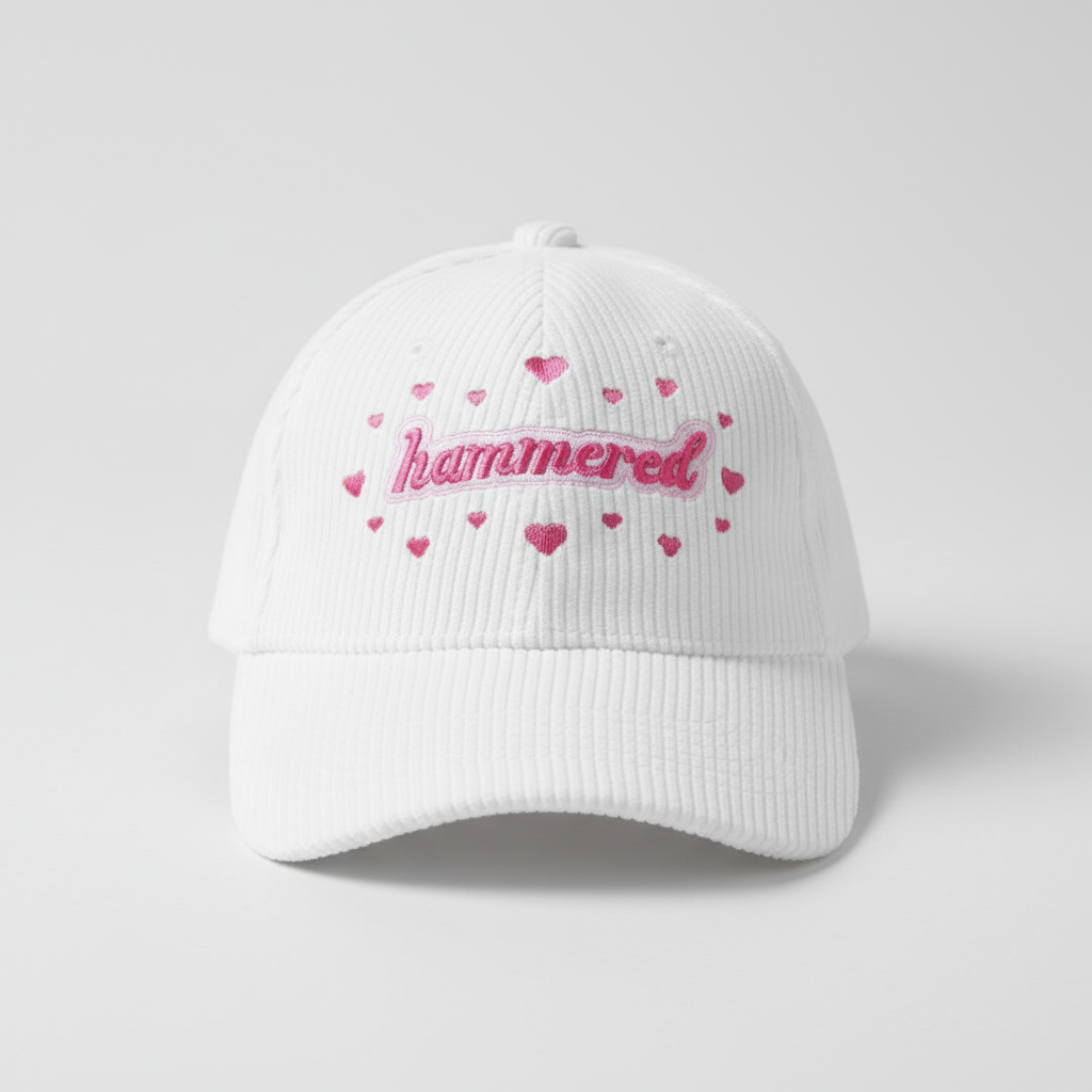 White Corduroy ‘Let’s Get Hammered’ Embroidered Baseball Cap
