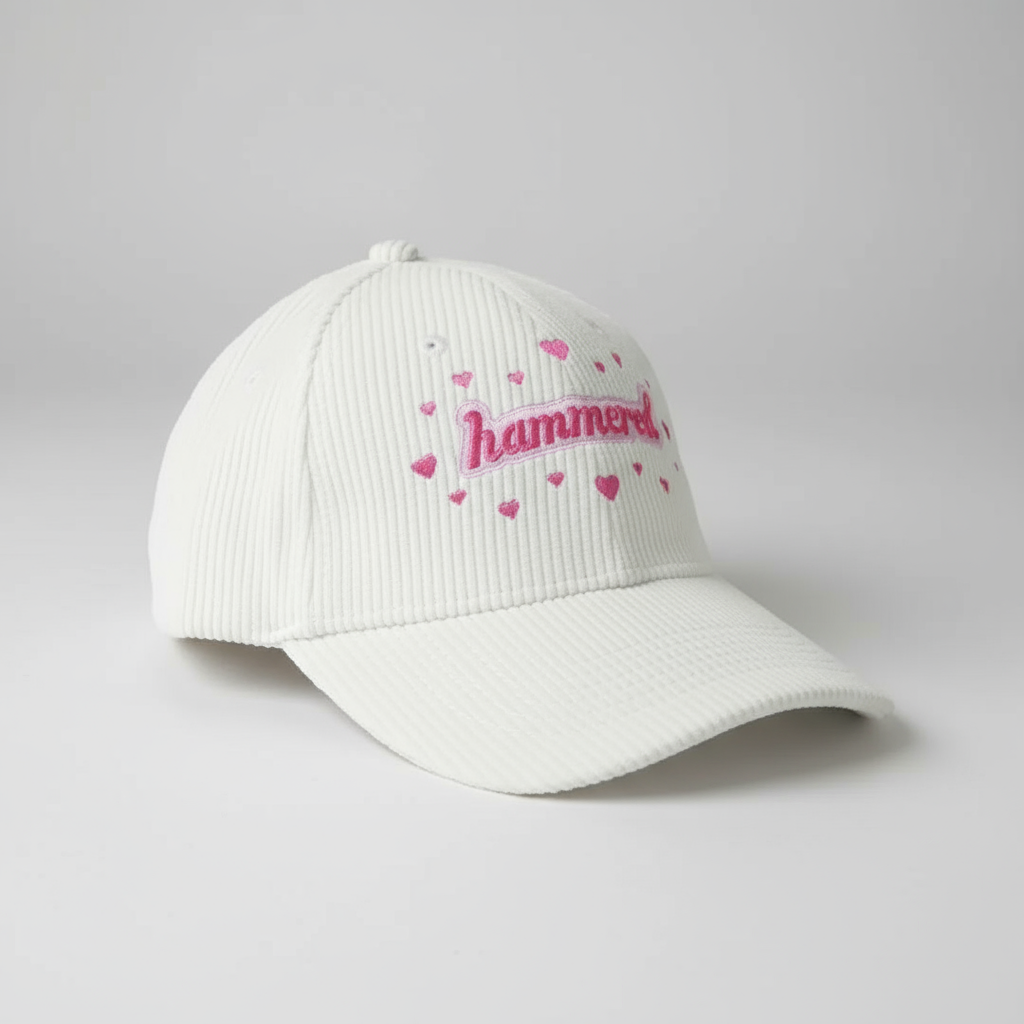 White Corduroy ‘Let’s Get Hammered’ Embroidered Baseball Cap